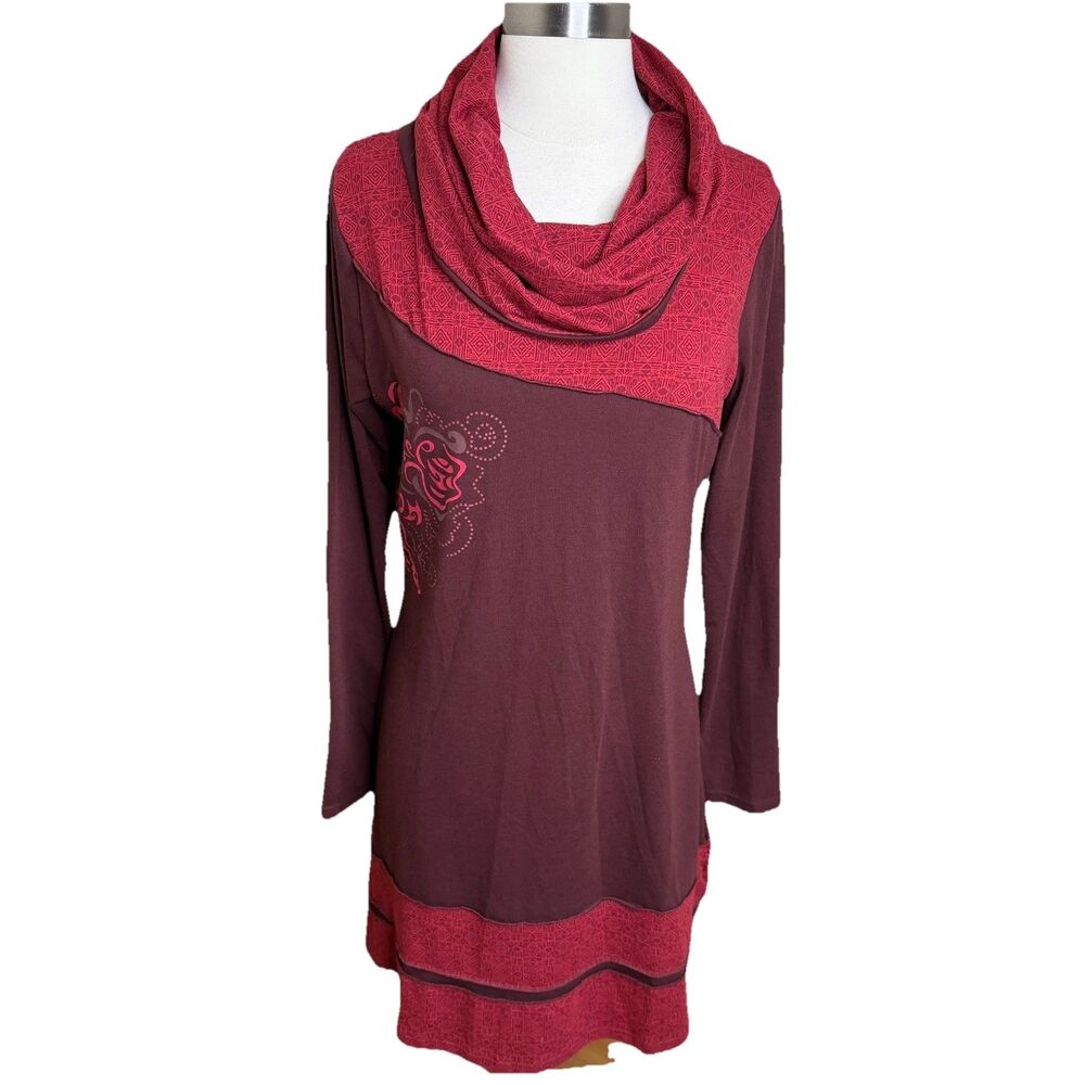 Coline Boho Cowl Neck Dress Womens Large Brown Red Long Sleeve Art To Wear